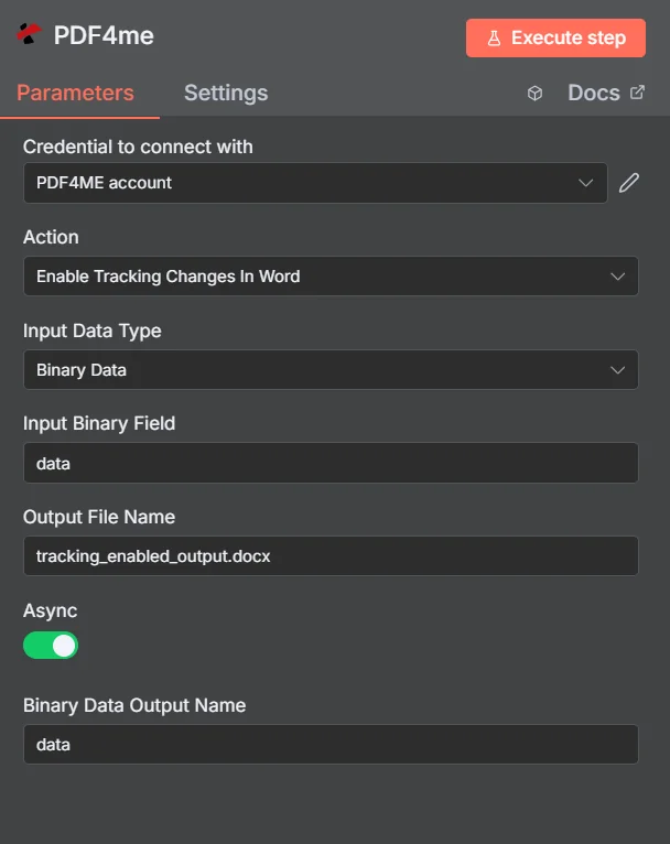 Clicca per ingrandire n8n PDF4me Abilita il rilevamento delle modifiche nel nodo Word che mostra il tipo di dati di input impostato su Dati binari, il campo binario di input che fa riferimento al nodo precedente, il nome del file di output impostato su review_ready_contract.docx, Async impostato su false e il nome di output dei dati binari impostato su data